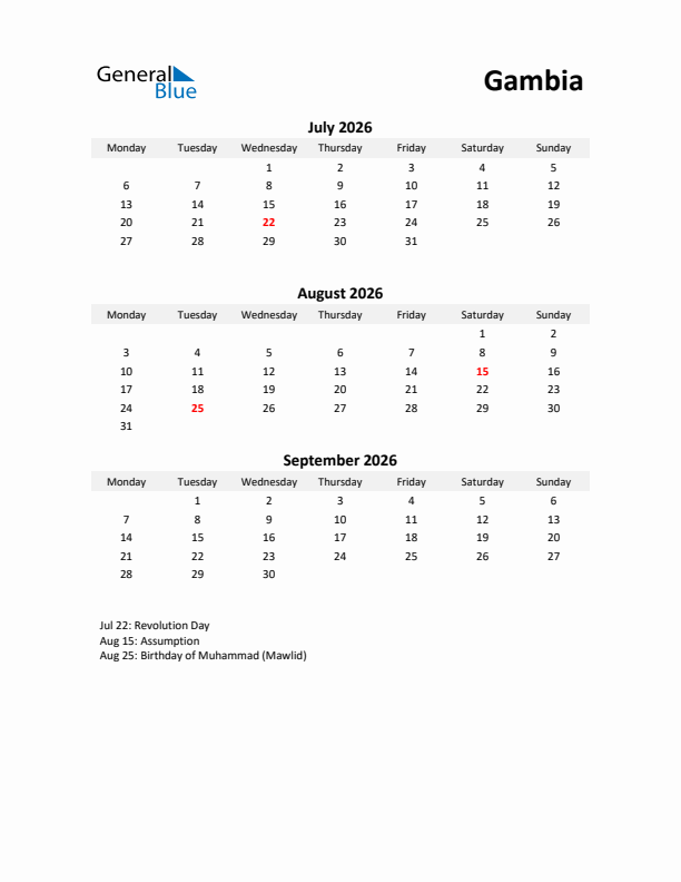 Printable Quarterly Calendar with Notes and Gambia Holidays- Q3 of 2026