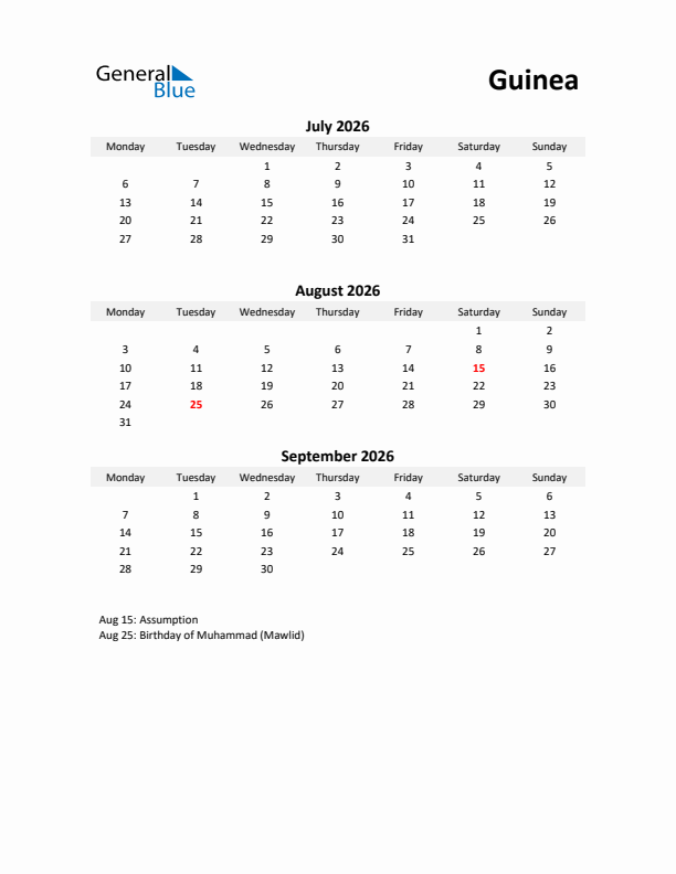 Printable Quarterly Calendar with Notes and Guinea Holidays- Q3 of 2026