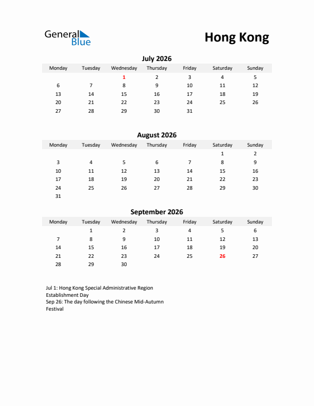 Printable Quarterly Calendar with Notes and Hong Kong Holidays- Q3 of 2026