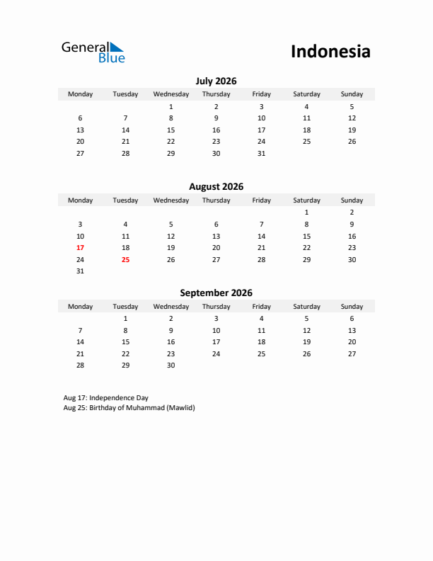 Printable Quarterly Calendar with Notes and Indonesia Holidays- Q3 of 2026