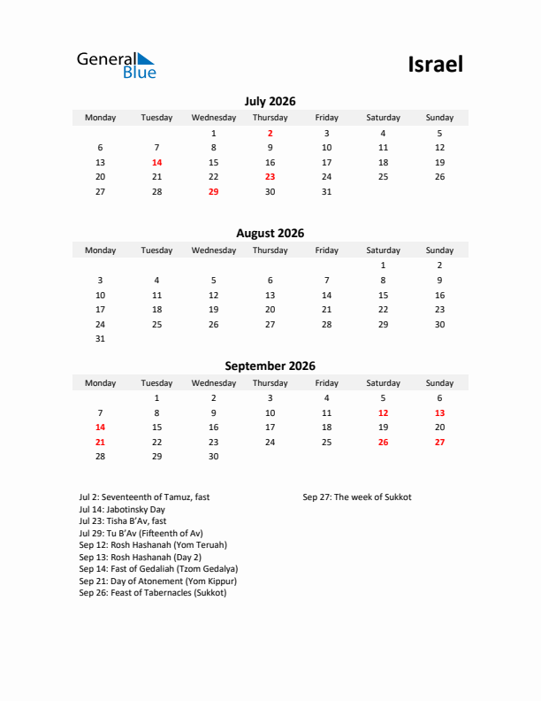 Printable Quarterly Calendar with Notes and Israel Holidays- Q3 of 2026