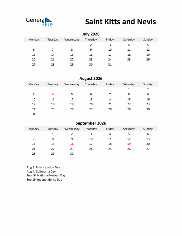 Printable Quarterly Calendar with Notes and Saint Kitts and Nevis Holidays- Q3 of 2026