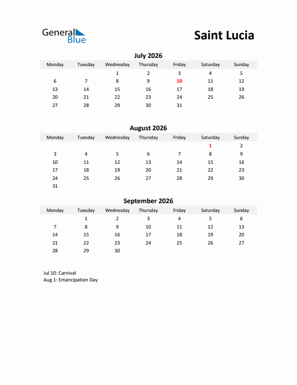 Printable Quarterly Calendar with Notes and Saint Lucia Holidays- Q3 of 2026