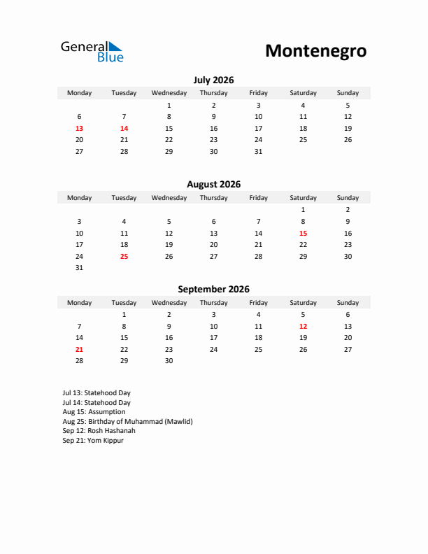 Printable Quarterly Calendar with Notes and Montenegro Holidays- Q3 of 2026