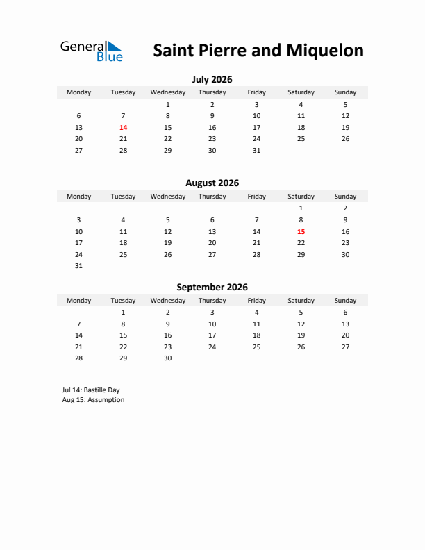 Printable Quarterly Calendar with Notes and Saint Pierre and Miquelon Holidays- Q3 of 2026