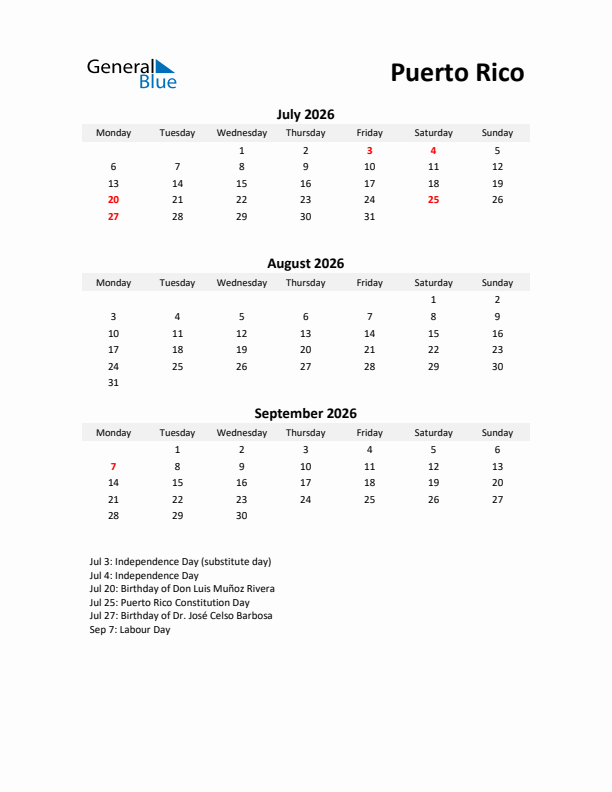Printable Quarterly Calendar with Notes and Puerto Rico Holidays- Q3 of 2026