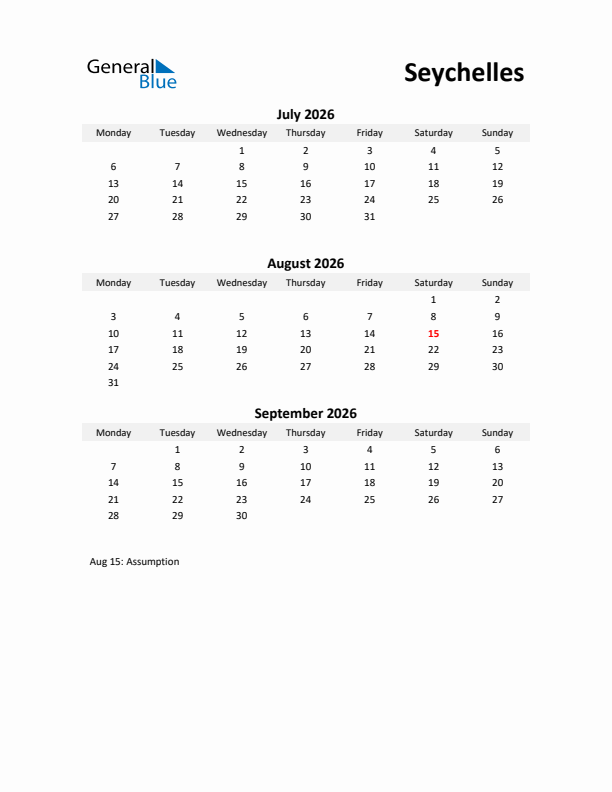 Printable Quarterly Calendar with Notes and Seychelles Holidays- Q3 of 2026