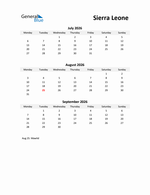 Printable Quarterly Calendar with Notes and Sierra Leone Holidays- Q3 of 2026