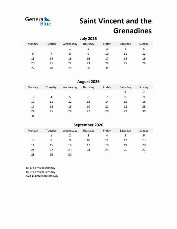 Printable Quarterly Calendar with Notes and Saint Vincent and the Grenadines Holidays- Q3 of 2026