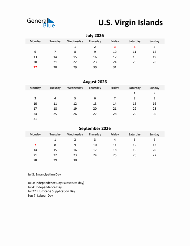 Printable Quarterly Calendar with Notes and U.S. Virgin Islands Holidays- Q3 of 2026