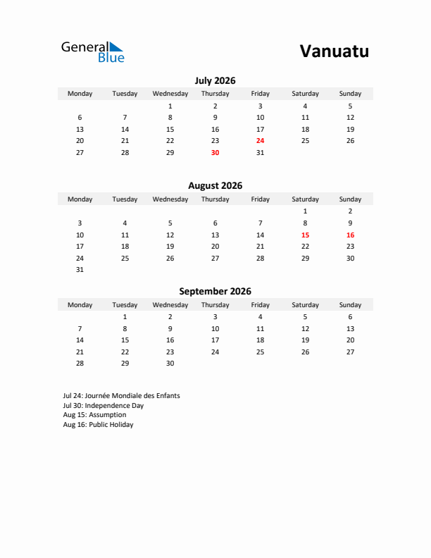 Printable Quarterly Calendar with Notes and Vanuatu Holidays- Q3 of 2026