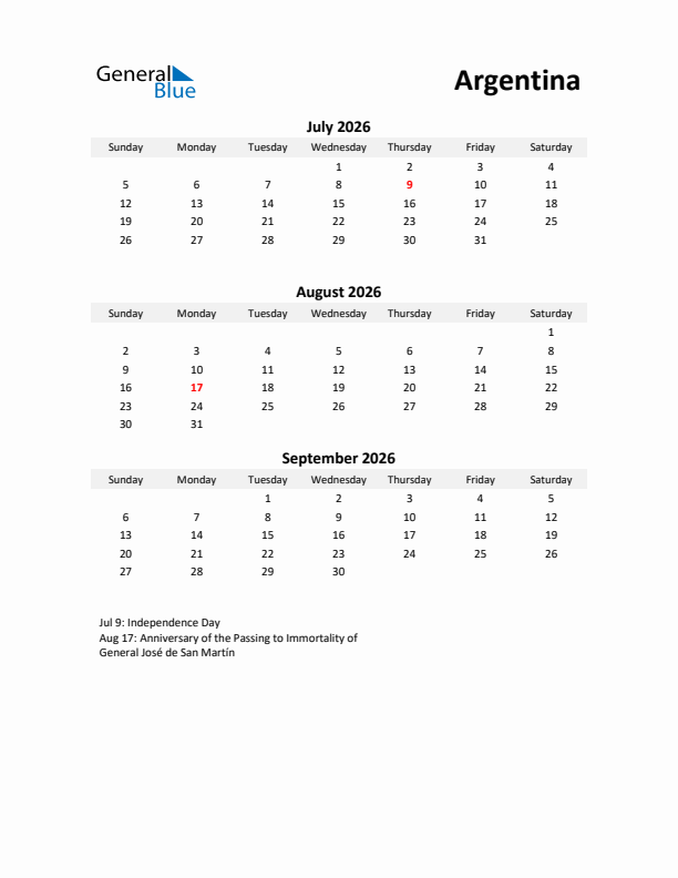 Printable Quarterly Calendar with Notes and Argentina Holidays- Q3 of 2026