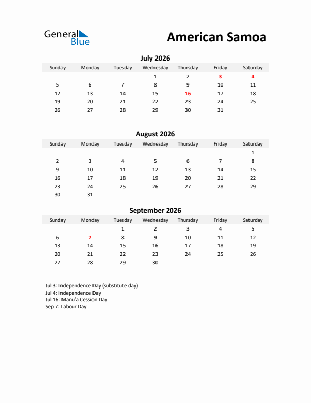 Printable Quarterly Calendar with Notes and American Samoa Holidays- Q3 of 2026