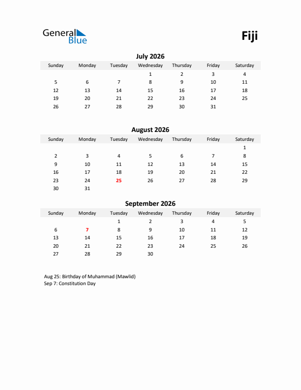 Printable Quarterly Calendar with Notes and Fiji Holidays- Q3 of 2026
