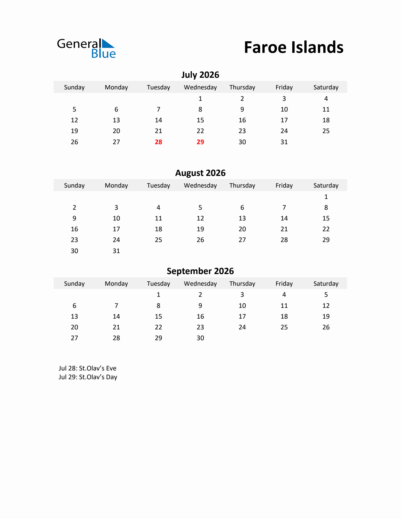 Printable Quarterly Calendar with Notes and Faroe Islands Holidays- Q3 of 2026