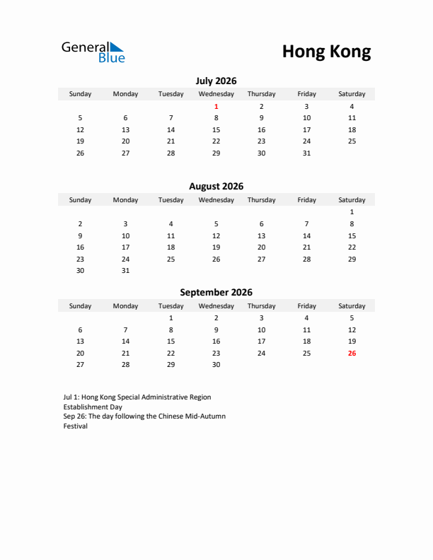 Printable Quarterly Calendar with Notes and Hong Kong Holidays- Q3 of 2026
