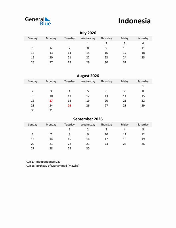 Printable Quarterly Calendar with Notes and Indonesia Holidays- Q3 of 2026