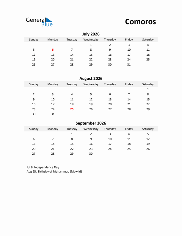 Printable Quarterly Calendar with Notes and Comoros Holidays- Q3 of 2026