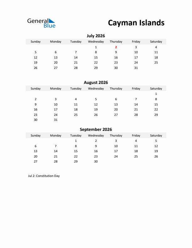 Printable Quarterly Calendar with Notes and Cayman Islands Holidays- Q3 of 2026