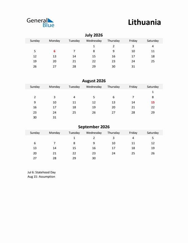 Printable Quarterly Calendar with Notes and Lithuania Holidays- Q3 of 2026