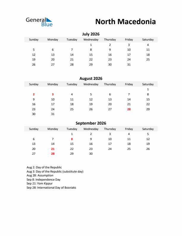 Printable Quarterly Calendar with Notes and North Macedonia Holidays- Q3 of 2026