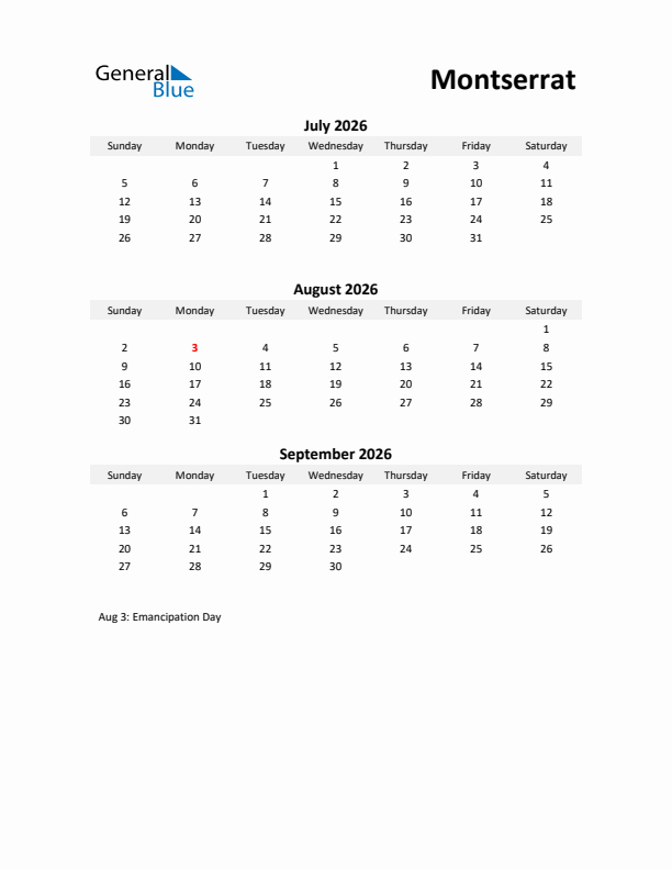 Printable Quarterly Calendar with Notes and Montserrat Holidays- Q3 of 2026