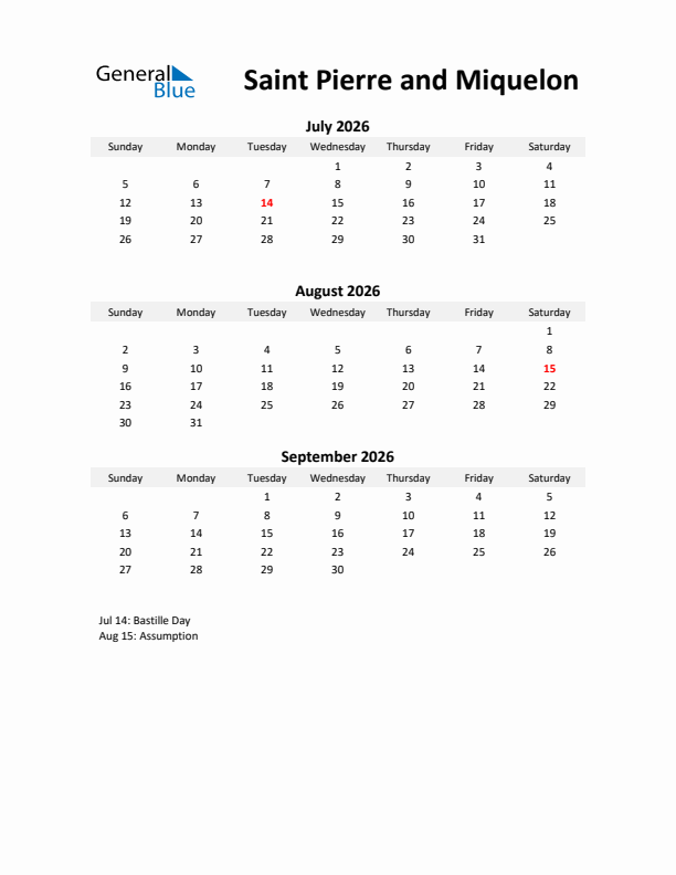 Printable Quarterly Calendar with Notes and Saint Pierre and Miquelon Holidays- Q3 of 2026