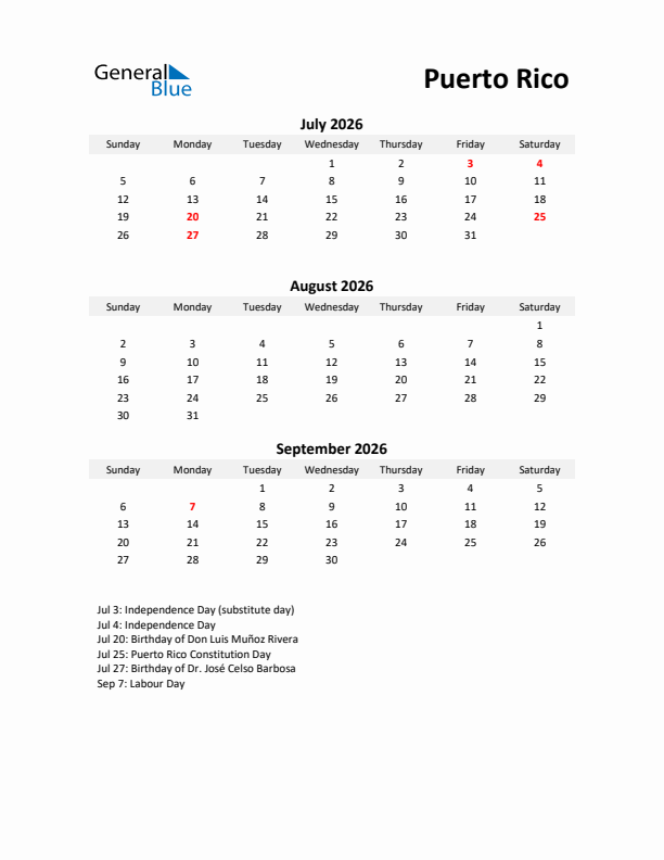 Printable Quarterly Calendar with Notes and Puerto Rico Holidays- Q3 of 2026
