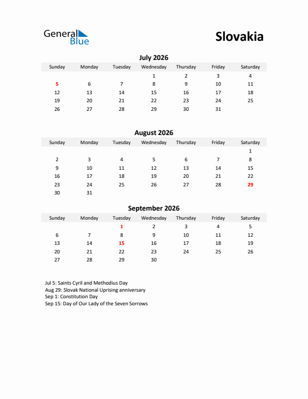 Printable Quarterly Calendar with Notes and Slovakia Holidays- Q3 of 2026