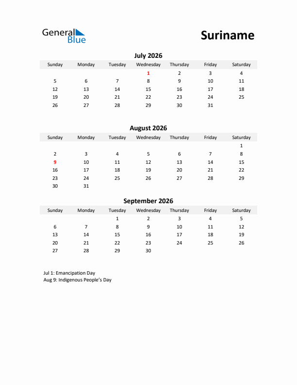 Printable Quarterly Calendar with Notes and Suriname Holidays- Q3 of 2026