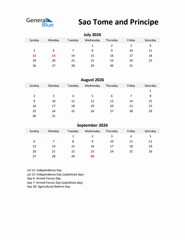 Printable Quarterly Calendar with Notes and Sao Tome and Principe Holidays- Q3 of 2026