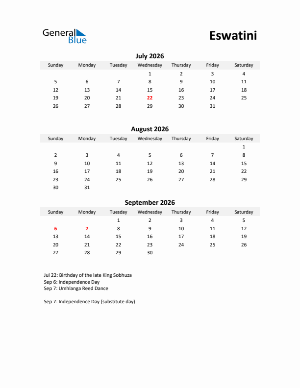 Printable Quarterly Calendar with Notes and Eswatini Holidays- Q3 of 2026