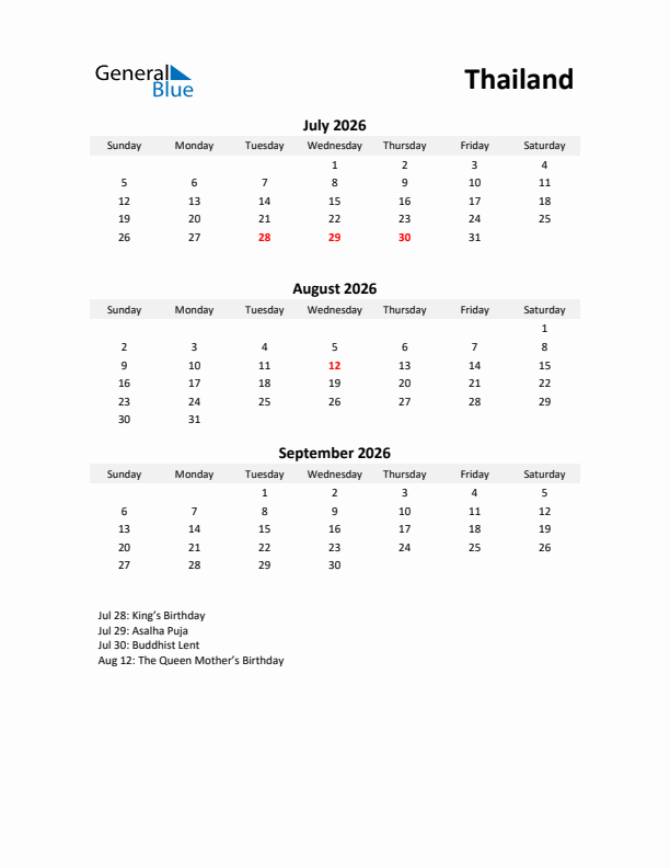 Printable Quarterly Calendar with Notes and Thailand Holidays- Q3 of 2026