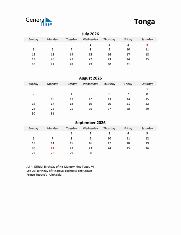 Printable Quarterly Calendar with Notes and Tonga Holidays- Q3 of 2026
