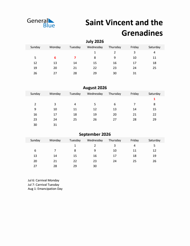 Printable Quarterly Calendar with Notes and Saint Vincent and the Grenadines Holidays- Q3 of 2026