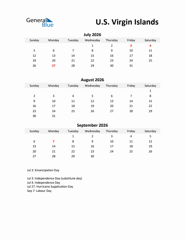 Printable Quarterly Calendar with Notes and U.S. Virgin Islands Holidays- Q3 of 2026