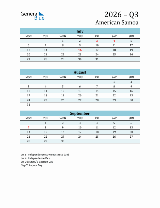 Three-Month Planner for Q3 2026 with Holidays - American Samoa