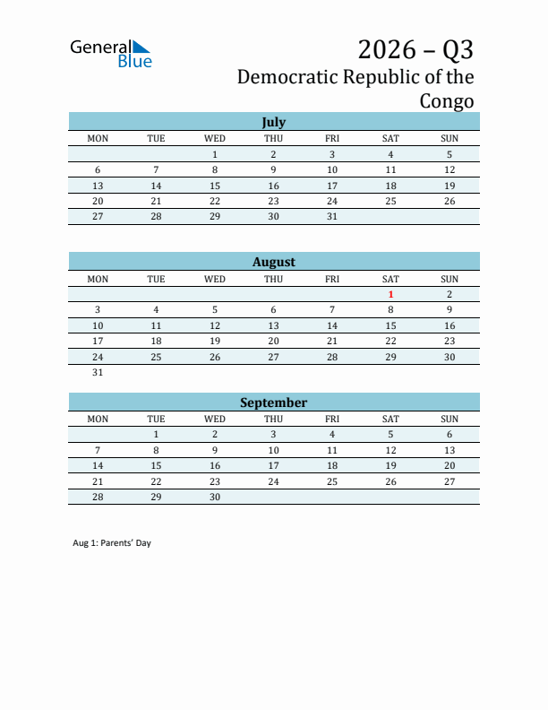 Three-Month Planner for Q3 2026 with Holidays - Democratic Republic of the Congo
