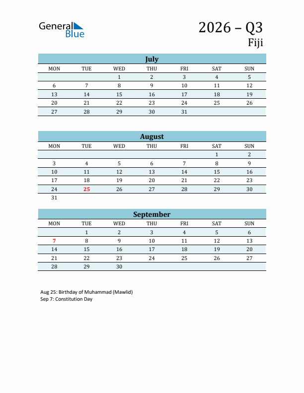 Three-Month Planner for Q3 2026 with Holidays - Fiji