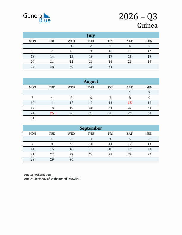 Three-Month Planner for Q3 2026 with Holidays - Guinea