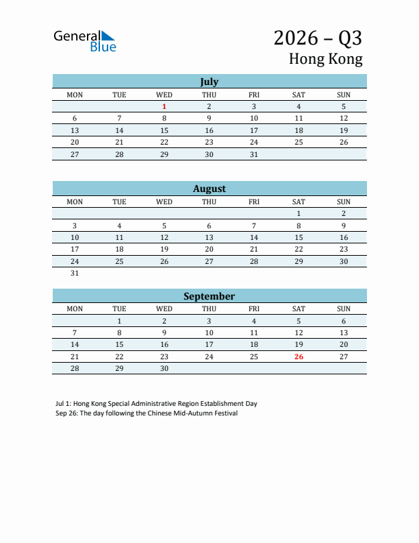 Three-Month Planner for Q3 2026 with Holidays - Hong Kong