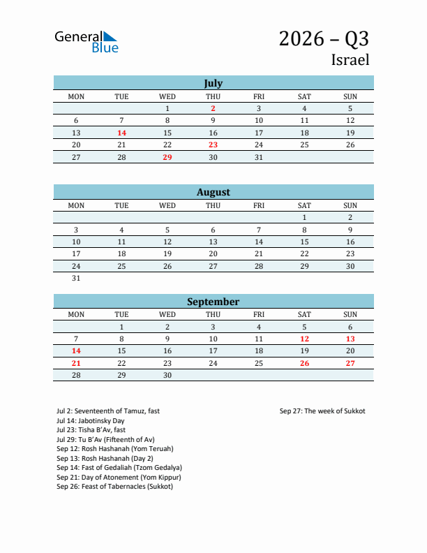 Three-Month Planner for Q3 2026 with Holidays - Israel