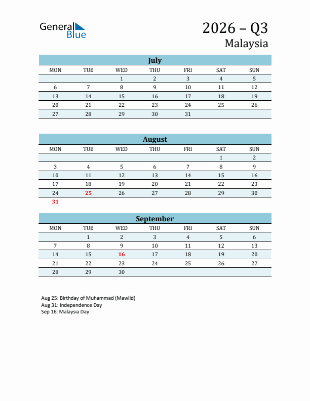 Three-Month Planner for Q3 2026 with Holidays - Malaysia