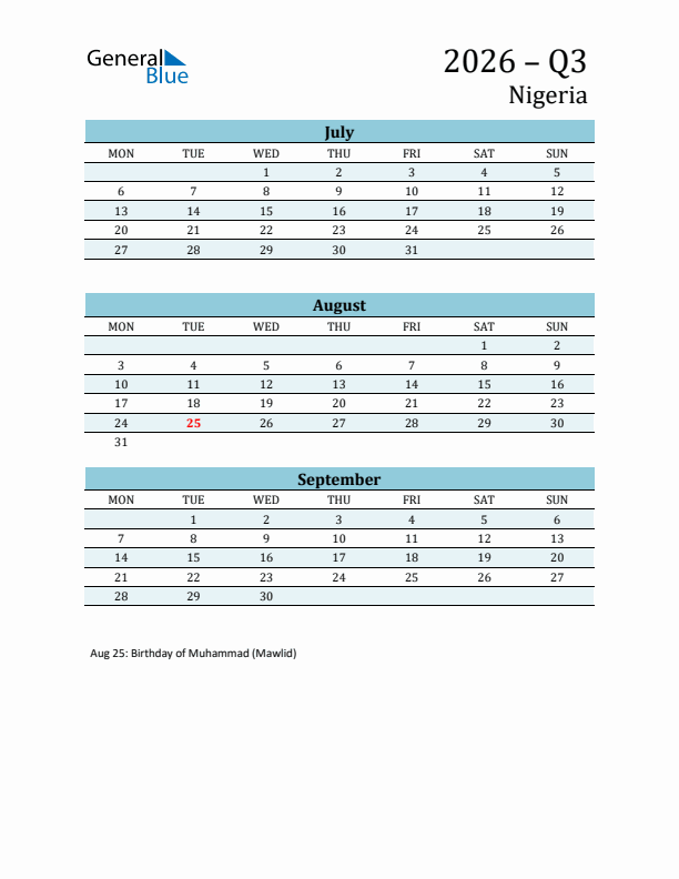 Three-Month Planner for Q3 2026 with Holidays - Nigeria