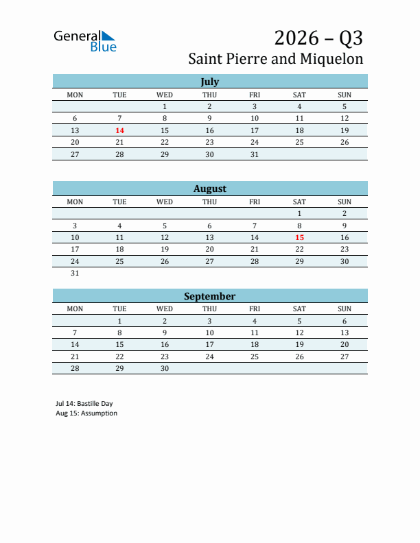 Three-Month Planner for Q3 2026 with Holidays - Saint Pierre and Miquelon