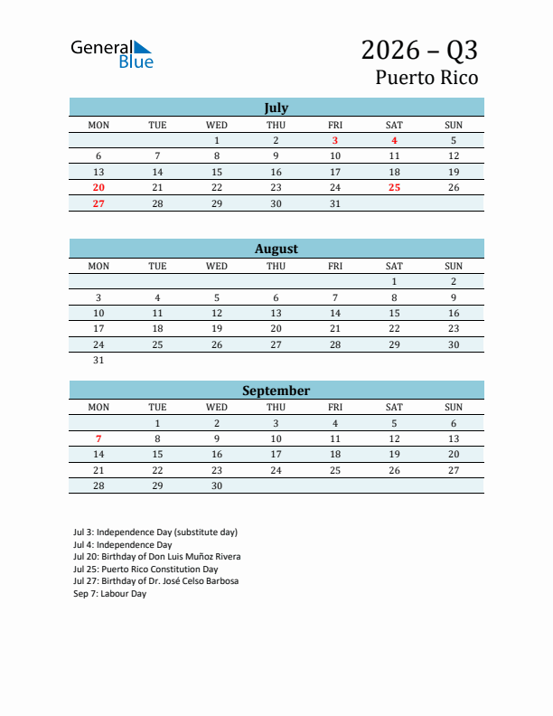Three-Month Planner for Q3 2026 with Holidays - Puerto Rico