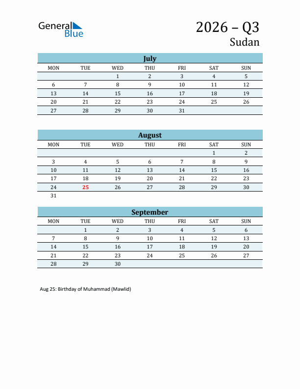 Three-Month Planner for Q3 2026 with Holidays - Sudan