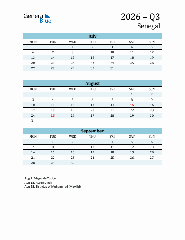 Three-Month Planner for Q3 2026 with Holidays - Senegal