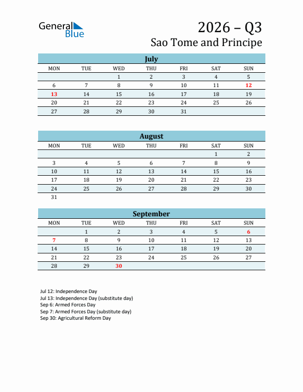 Three-Month Planner for Q3 2026 with Holidays - Sao Tome and Principe