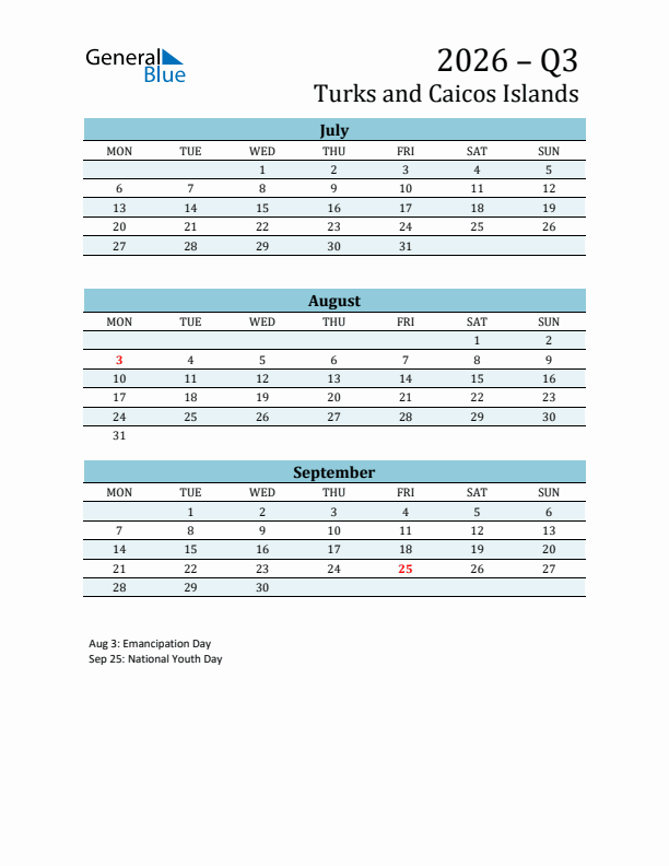 Three-Month Planner for Q3 2026 with Holidays - Turks and Caicos Islands